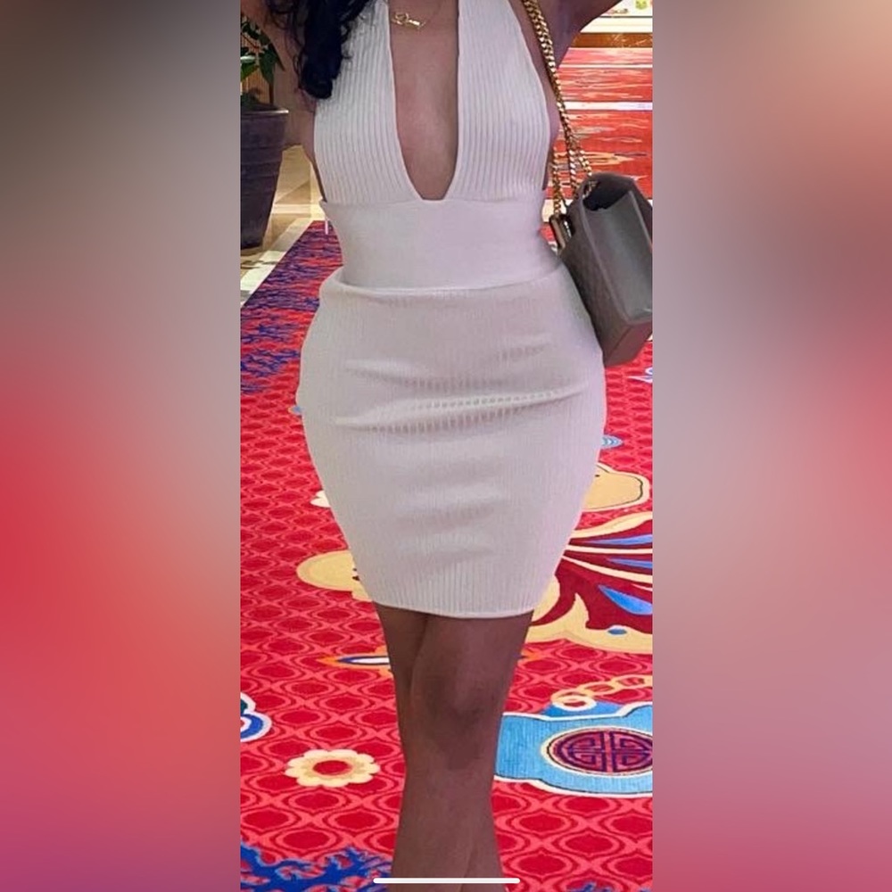 Tan, body con dress.